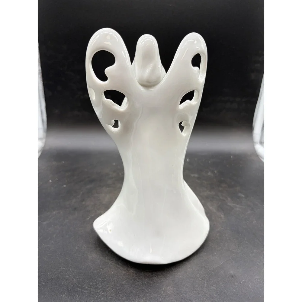 Fine Porcelain Praying Angel Tea Light Candle Holder White Gold Trim 7.5 Inch